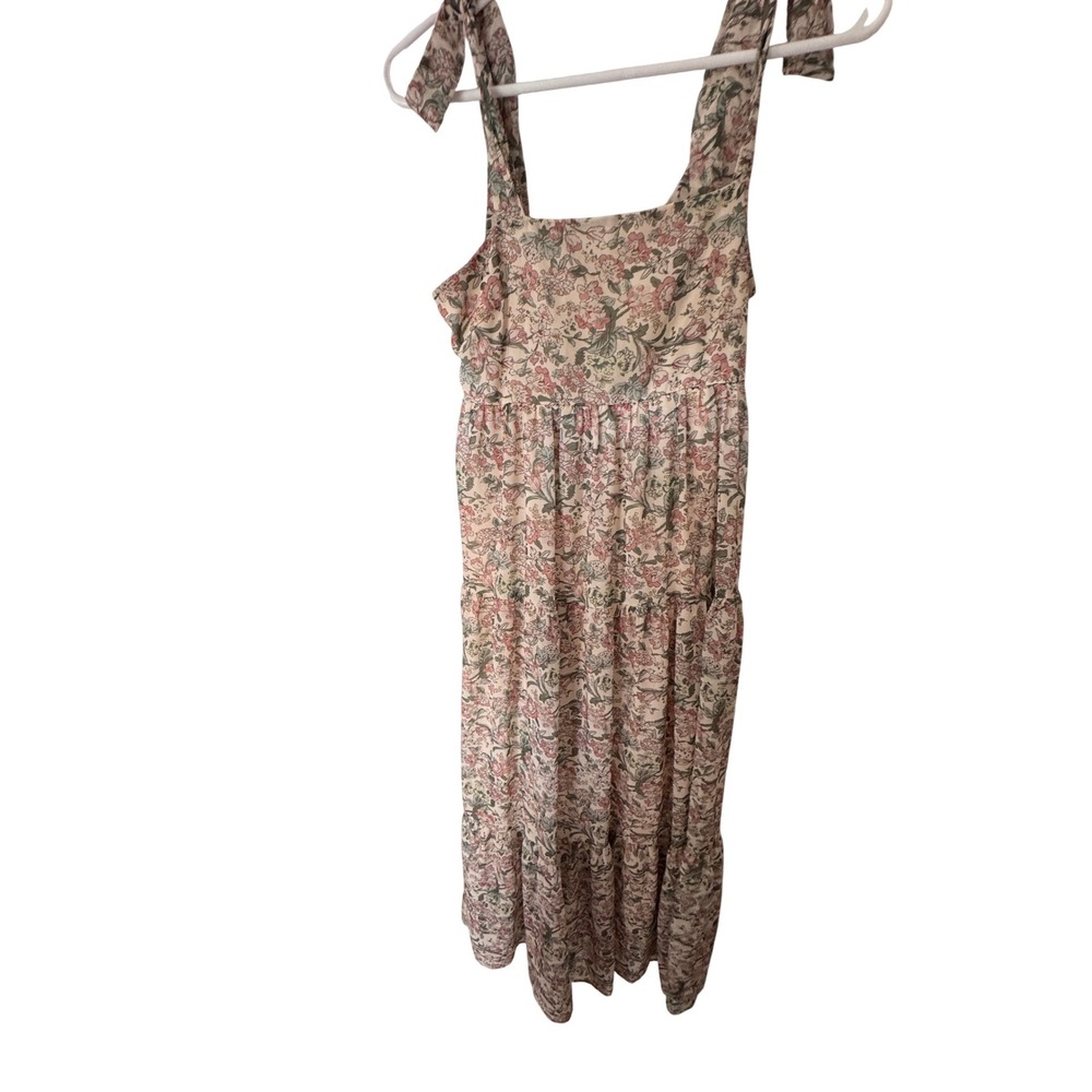 Baltic Born Floral Tiered Maxi Dress Small Pink Green Tie Shoulder Smocked Back